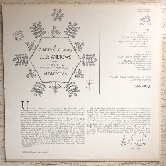 Julie Andrews, Andre Previn A Christmas Treasure Vinyl Lp '67 - Picture 3 of 8